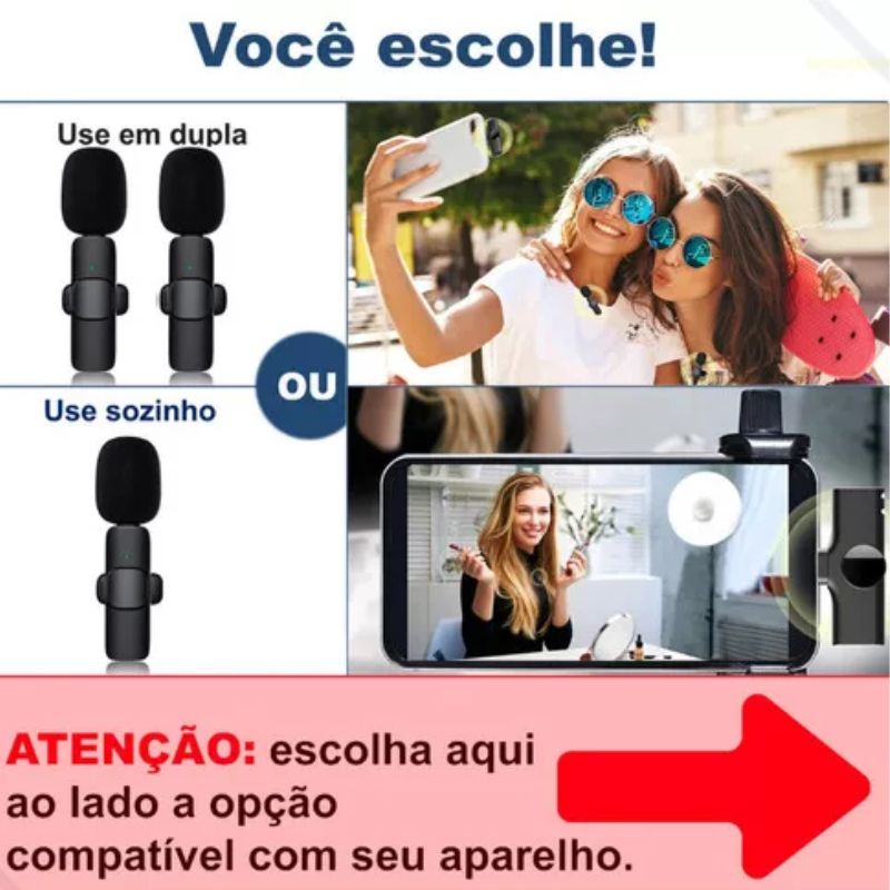 Microfone Lapela Celular Sem Fio Duplo Tipo C -Preto